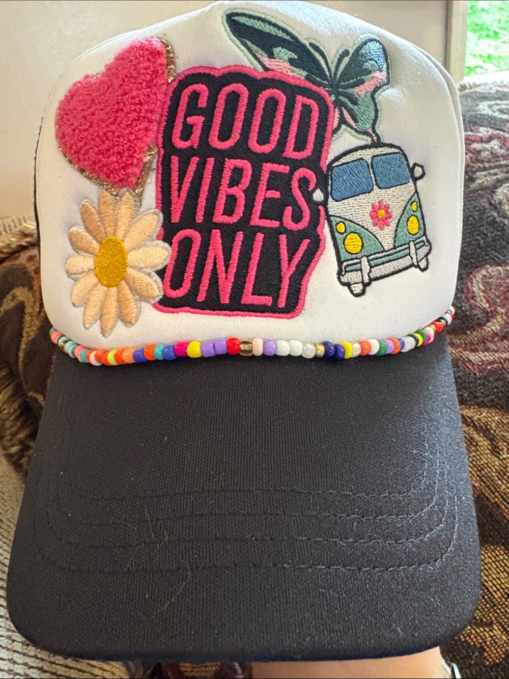 Retro Good Vibes Only Trucker Hat - Black & White EmbroideredColorful Patch